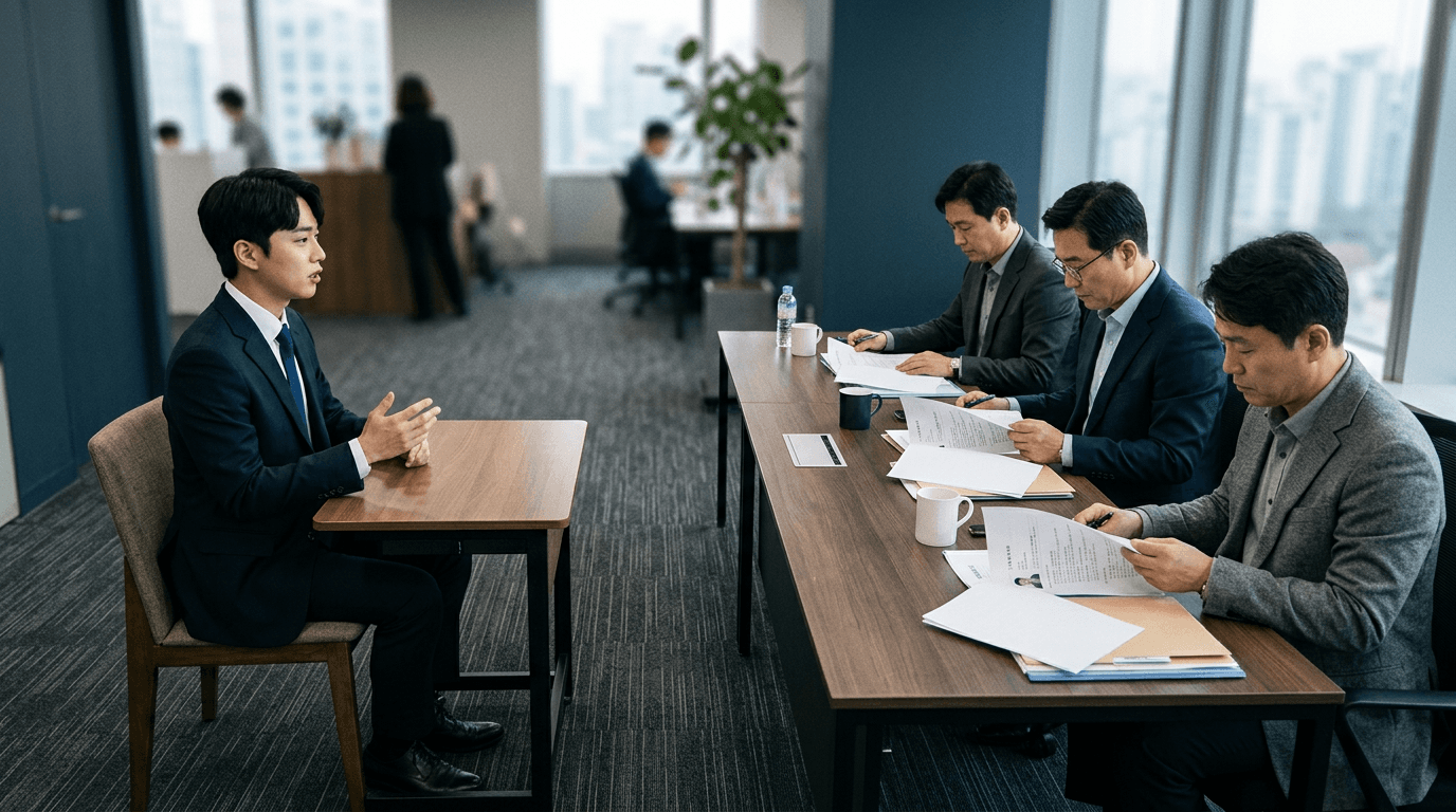 지원자는 답하고 있는데, 면접관 세 명은 서류만 보고 있다